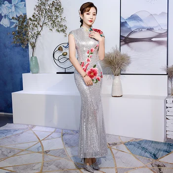 

Silver Gray Mermaid Dress Female Qipao Embroidery Mandarin Collar Chinese Dresses Stage Show Clothing Elegant Long Evening Gown