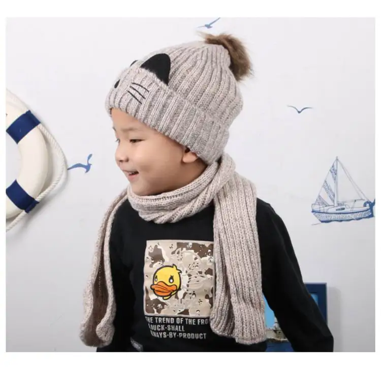 Теплая осенне-зимняя детская шапка и шарф, ветрозащитная Толстая хлопковая вязаная шапка, длинный шарф, теплый шарф для детей 3-7 лет