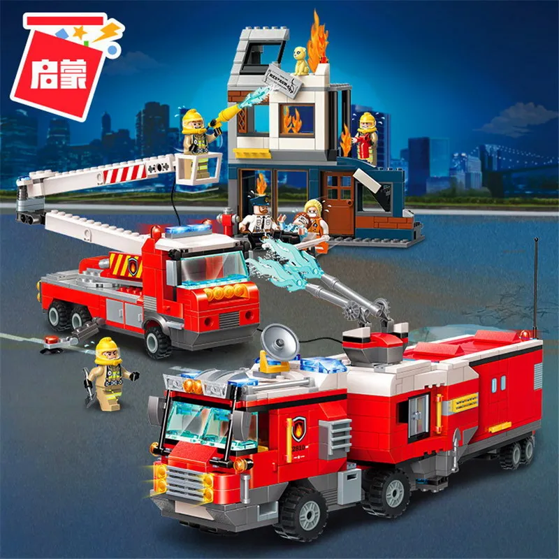 

Enlighten City Fire Rescue Spraying Engine Car Scaling ladder Model Building Blocks Figure Toys For Children Compatible Legoe