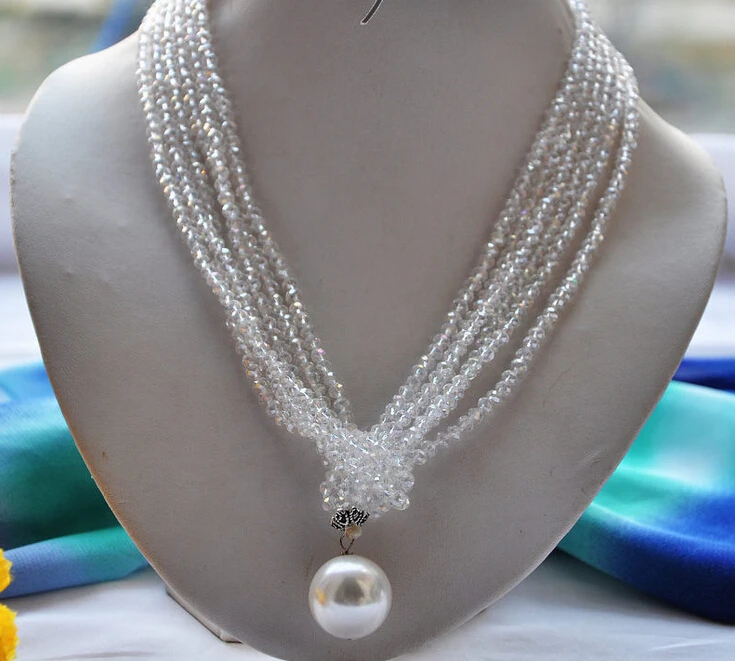 

Hot sale A>z4824 3strands 20mm white shell pearl clean faceted crystal necklace 40inch a 6.08