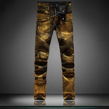 Mens Black Denim Gold Painting Coated Stretch Biker Jeans Slim Straight Pleated Jean Pants Male Fashion Denim Cargo Casual Pants