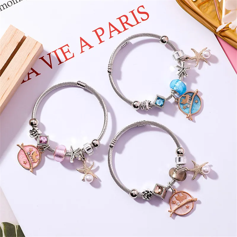 

hot sale 2018 new style fashion alloy bracelet Cat starfish Fashion Pendant Elastic Bracelet Beaded DIY Fashion Ladies Bracelet