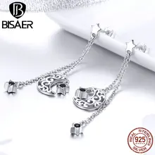 BISAER,, 925 пробы, серебро, Луна и звезда, черный циркон, длинные серьги-гвоздики для женщин, ювелирные изделия из стерлингового серебра ECE528