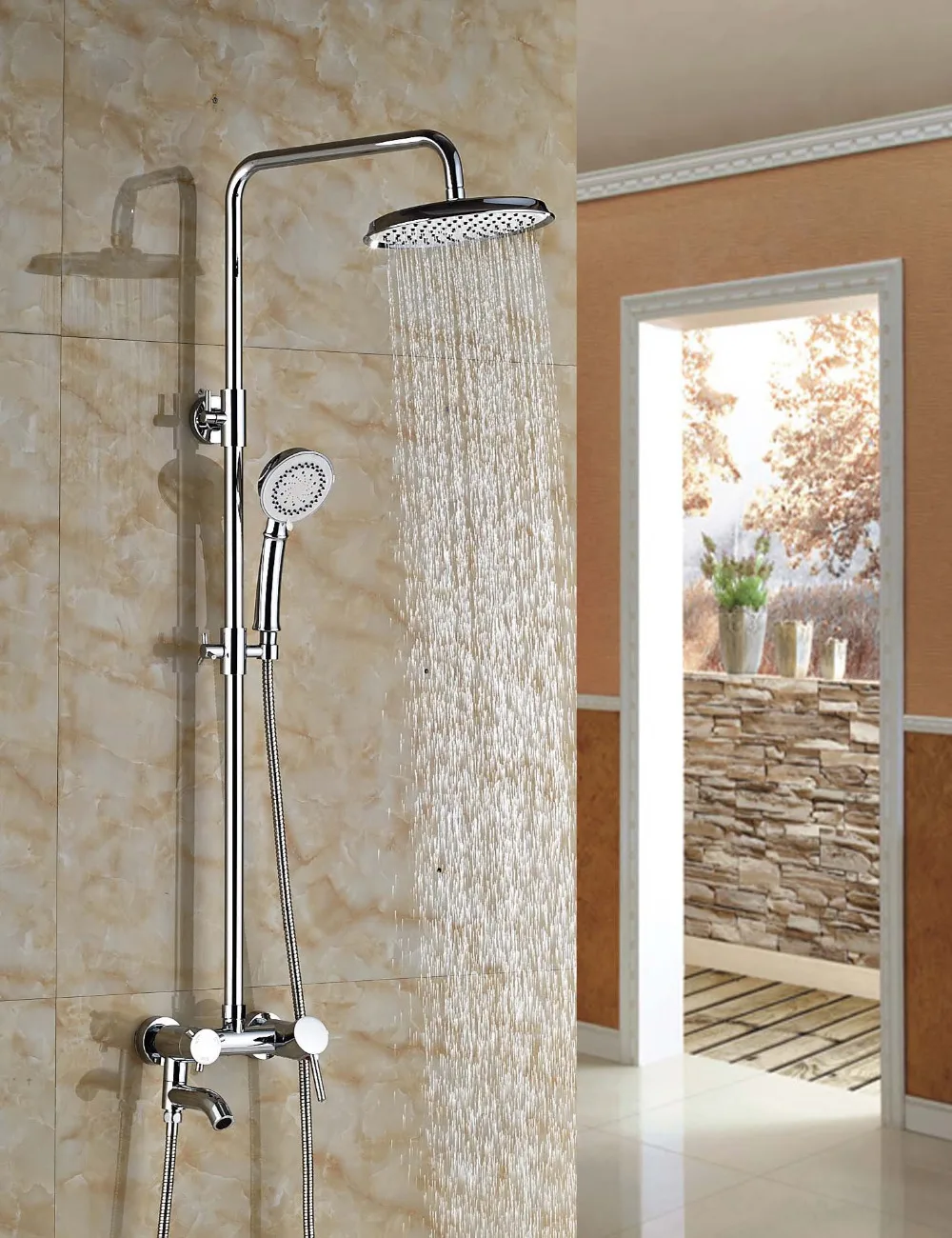 

Wholesale And Retail Luxury Chrome Single Holder Dual Control Round Rain Shower Faucet Tub Spout W/ Hand Shower