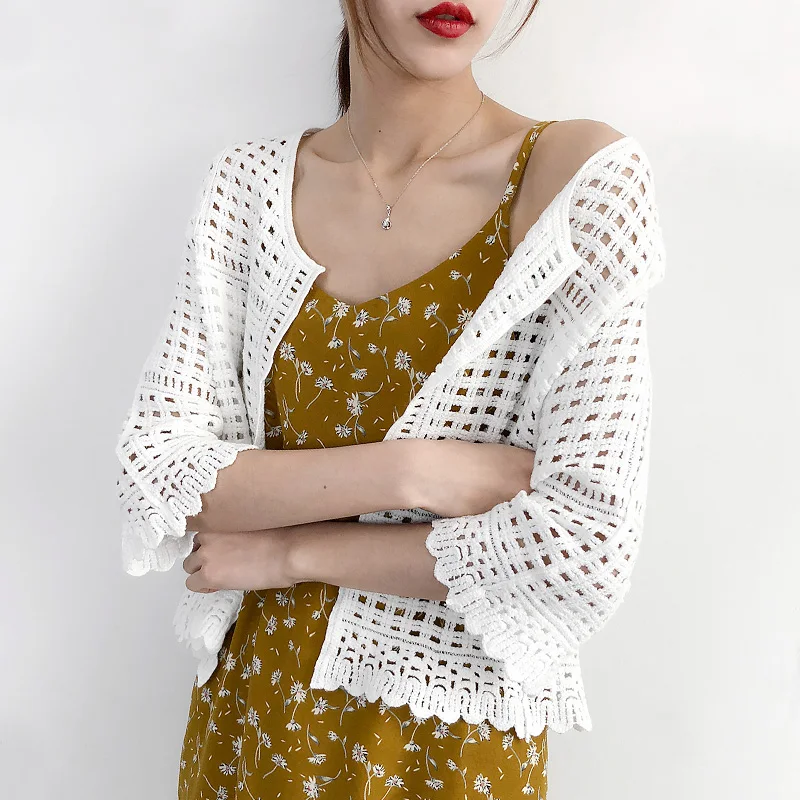 

Female Hollow Out Lace Thin Open Stitch Tops Women Summer Casual Half Sleeve Knitted O-Neck White Shrug Crocheted Open Cardigan