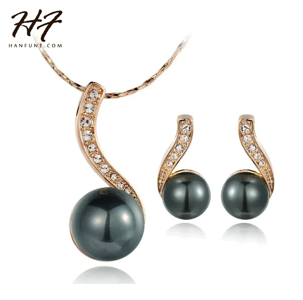 

Black Imitation Pearl Rose Gold Color Necklace and Earring Jewelry Set Trendy Rhinestone Studded Jewellry For Women S277