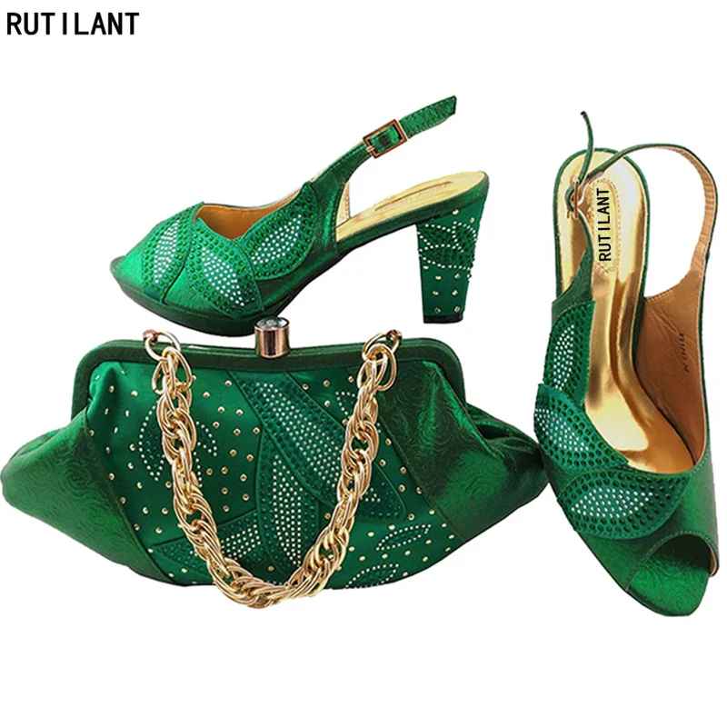 Shoe and Bag Set for Party In Women Green Color Italian Shoes and Bags