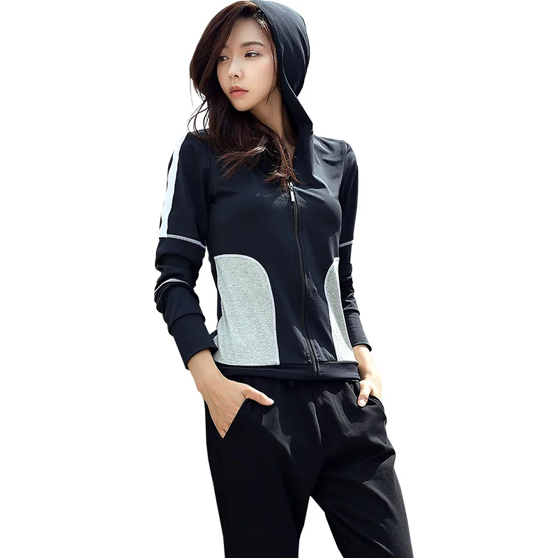 

Fitness Breathable Women Yoga Set 3 Pieces Suit Solid Black and White Sportsuit Hoodie+Bra+Pants Runnung Gym S-XL