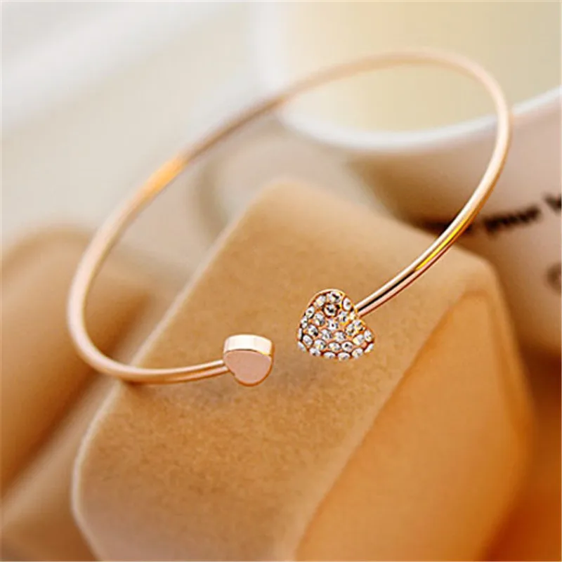 

GENBOLI Womens Rhinestone Double Hearts Opening Bangle Bracelet Jewelry Gift