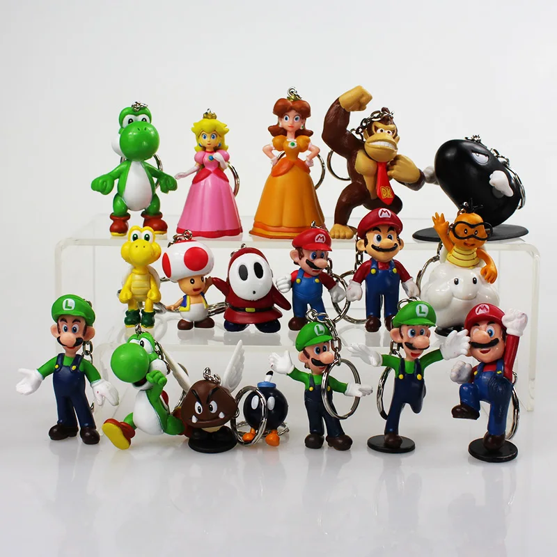 

18pcs/lot Super Mario Bros Keychain Mario Luigi Yoshi Toad Koopa Goomba Princess Peach Donkey Kong Keyring Figure Toys