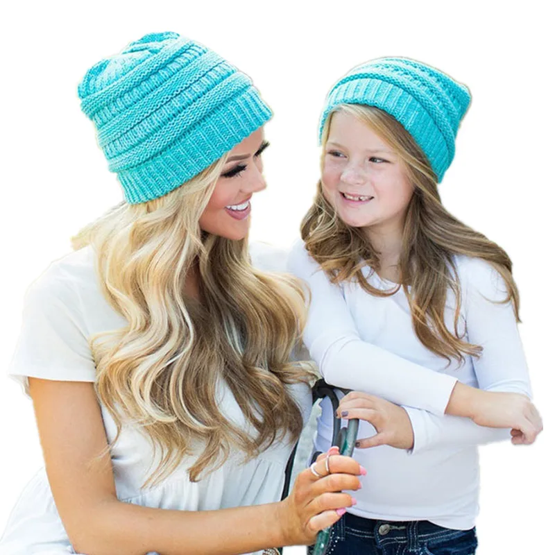  Fashion Winter Hats Parent-child Solid Hat Female Unisex Plain Mother and kids Skullies Beanies Knitted Children Warm Hedge Hat