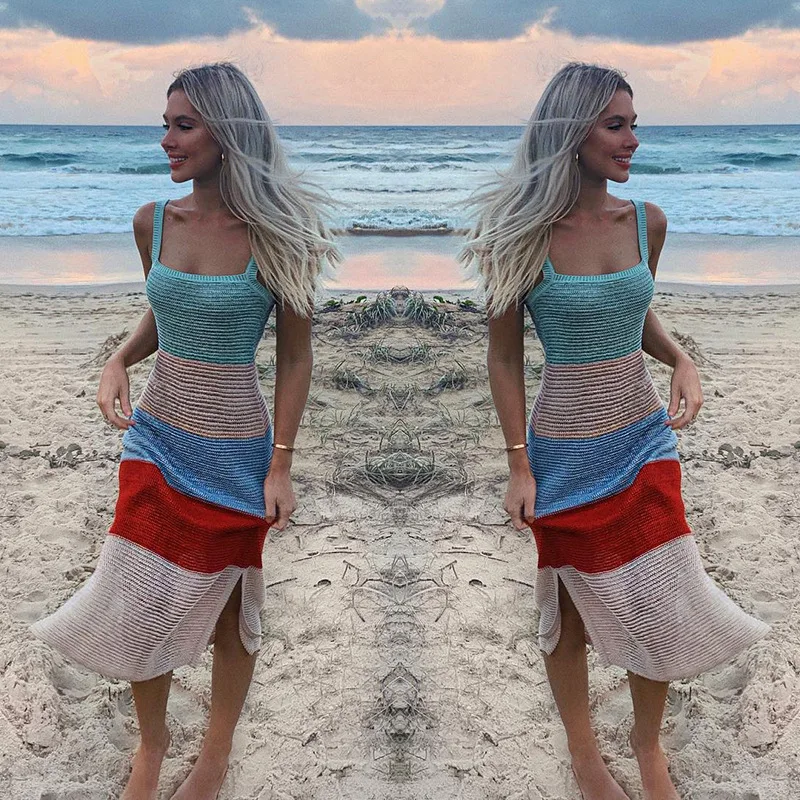 Песчаный пляж хит цвет Camisole Vent женское летнее платье кусок поколения волос