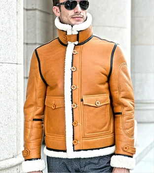 

Luxury Men's New Winter Fashion 100% Natural Real Sheepskin Genuine Leather Coat Wool Fur Lined Golden Orange XXXXL 2XL 3XL 4XL