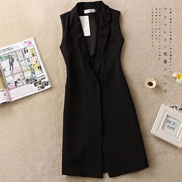 

Fashion Blazer Black Vest Women Autumn Sleeveless Cardigan Jacket OL BLACK Long Waistcoat With Pocket plus size 3XL