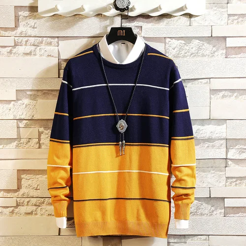 Осенне-зимний мужской пуловер с круглым вырезом, приталенный свитер, большой размер, тонкий свитер в полоску, сочетающийся с цветом, свитер 5XL - Цвет: yellow
