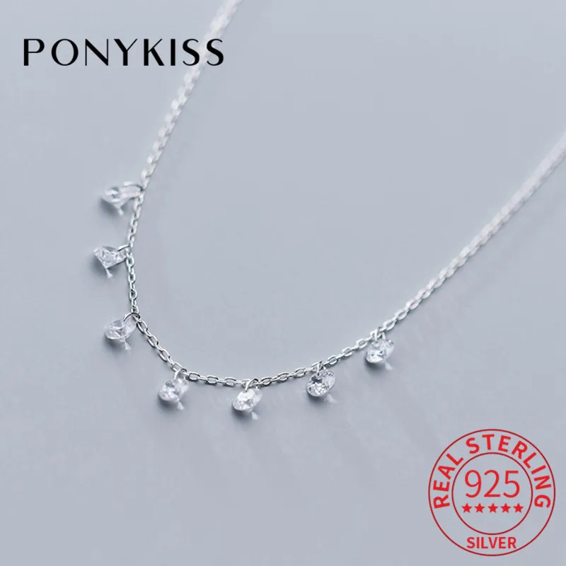 

PONYKISS Trendy 100% 925 Sterling Silver Simple Crystal Pendant Necklace For Women Party Holiday Delicate Accessory Fashion Gift