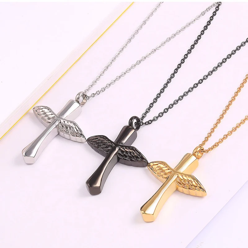 2019 Wing Cross Ashes Necklace Keepsake Jewelry Stainless Steel Gold Black Color Feather Cremation Urn Memorial Pendant | Украшения и