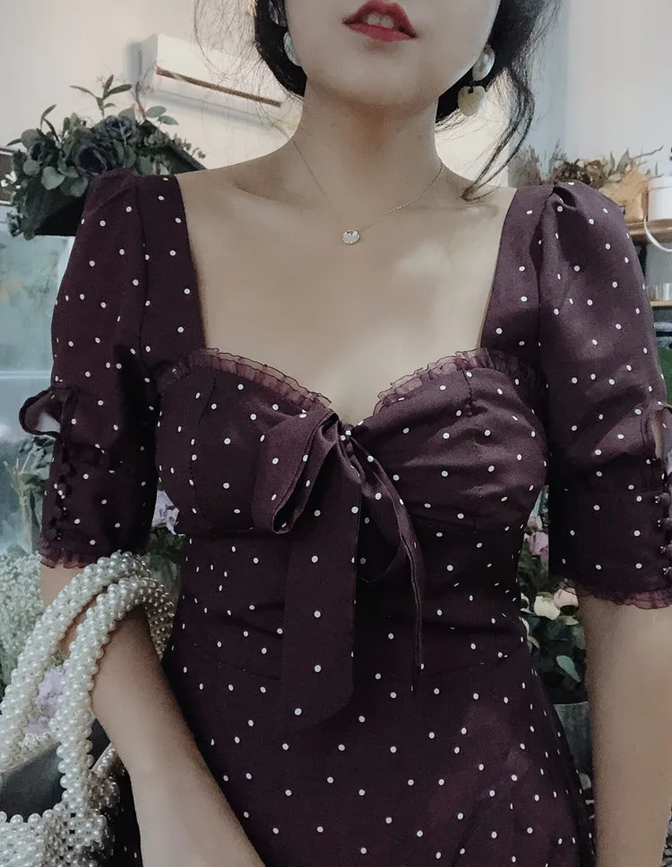 Распродажа платьев летнее Новое винтажное платье из полиэстера vestidos mujer платье с волнистыми точками, французское Ретро Кружевное платье с квадратным воротником на груди для женщин