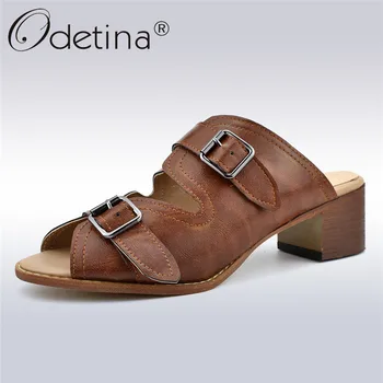 

Odetina New Fashion Women Retro Chunky Block Heel Buckle Slip On Slingback Sandals High Heel Snakeskin Mules Shoes Big Size 50