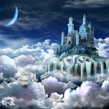 

Laeacco Fairytale Clouds Moon Waterfall Castle Ship Baby Photo Backgrounds Customized Photographic Backdrops For Photo Studio