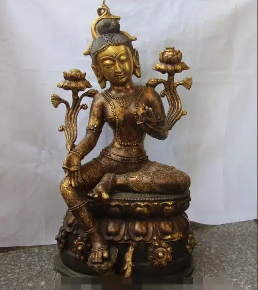 

S03397 26 Tibet Old Copper Bronze Green Tara Kwan-yin Guanyin Bodhisattva Buddha Statue (B0328)