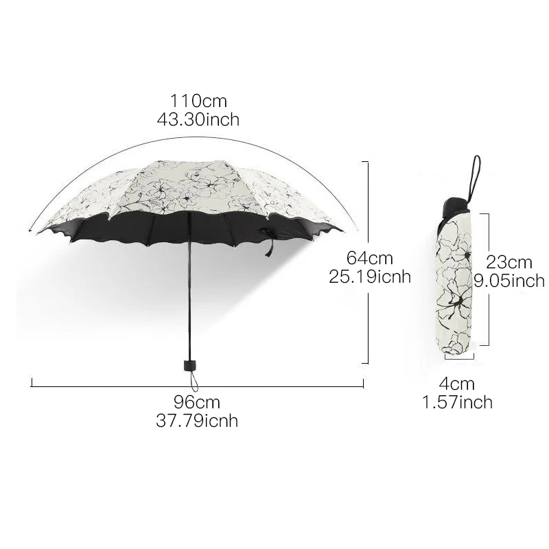 Складной зонт с рисунком гибискуса для женщин и мужчин, белый карманный дождливый зонтик с защитой от УФ-лучей, водонепроницаемые переносные зонты с черным покрытием