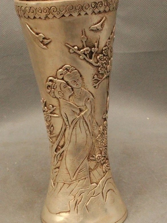 

9"hinese Dynasty Belle Palace Silver Bird plum blossom Flower Bottle Vase Statue