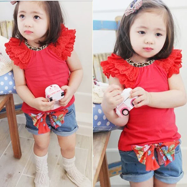 

2017 Toddler Girls Ruffled Sleeves Shorts Floral T-shirt+ Bow Jeans Pant Outfits