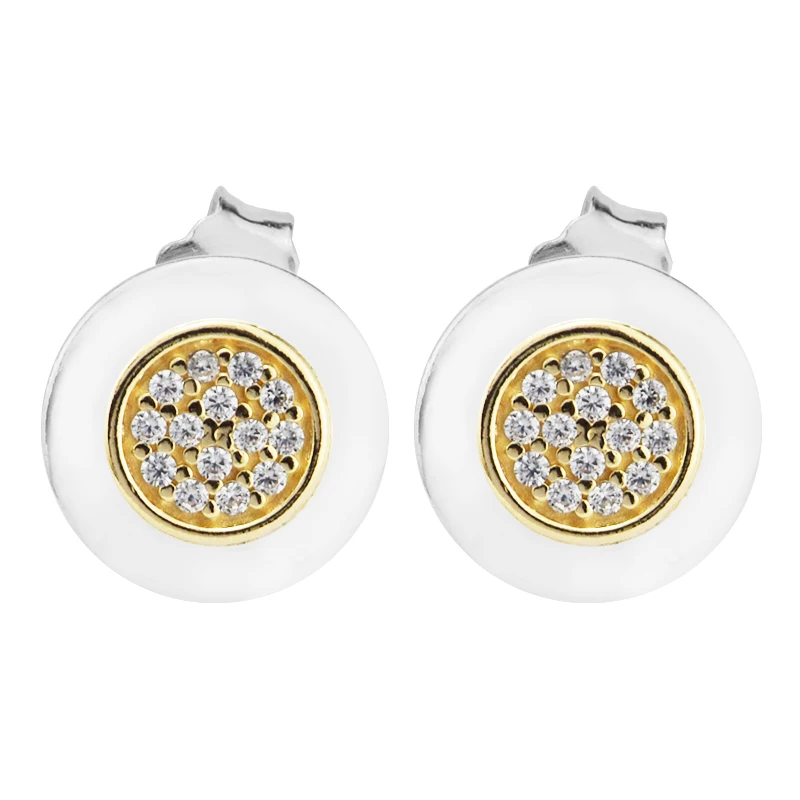 

Original 925 Sterling Silver Signature Gold Stud Earring with Clear Cz DIY charms fo women Fine Jewelry