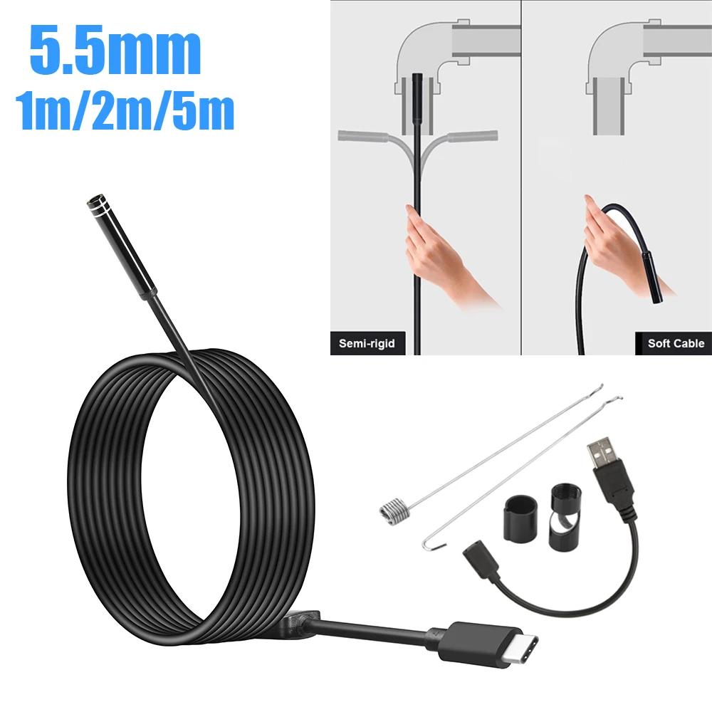 

USB Endoscope Camera 5.5MM Lens 1M/2M/5M Semi-Rigid Cable Android Waterproof Borescopes Mini Camera For PC Android Phone