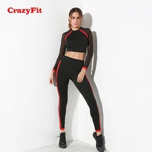 CrazyFit, спортивная одежда, женский сексуальный сетчатый комплект с длинным рукавом, черный, красный, пэчворк, для йоги, укороченный топ/леггинсы, для фитнеса, спортзала, спортивный костюм