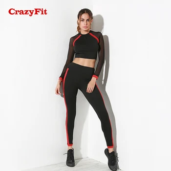

CrazyFit 2018 Sport Clothing Female Sexy Mesh Long Sleeve Black Red Patchwork Yoga Set Crop Top/Leggings Fitness Gym Sports Suit