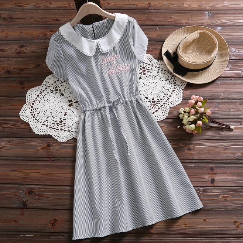 

2019 summer new style cotton small fresh sweet college wind striped doll collar tie waist short sleeve A Line dress