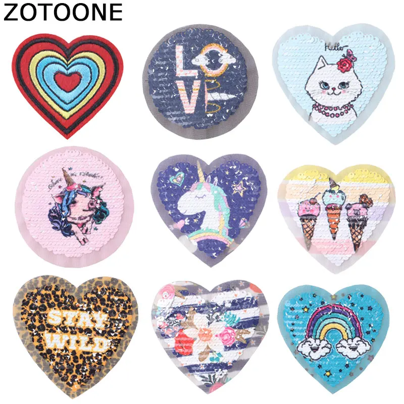 

ZOTOONE Sequin Heart Patches Round Diy Stickers Iron on Clothes Heat Transfer Applique Embroidered Applications Cloth Fabric G