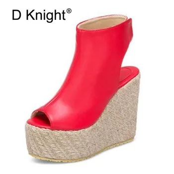 

Peep-toe Wedges Heel Sandals PU Leather Shoes Woman Straw Platform High Heel Pumps 2019 Summer Hook&Loop Ladies Casual Shoes D98