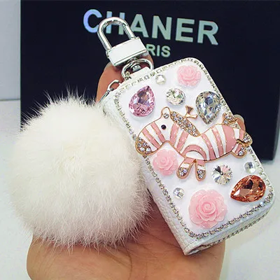 Whtie ball Милый мультфильм Diamond Зебра кожа автомобилей Key Case чехол Для женщин ключница держатели автомобильный брелок кристалл молния ключ чехол - Название цвета: Whtie ball