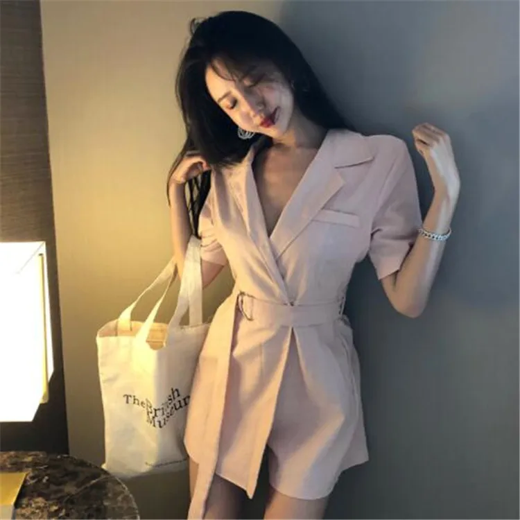 Однотонный простой комбинезон для женщин 2018 с коротким рукавом Pokets женские боди