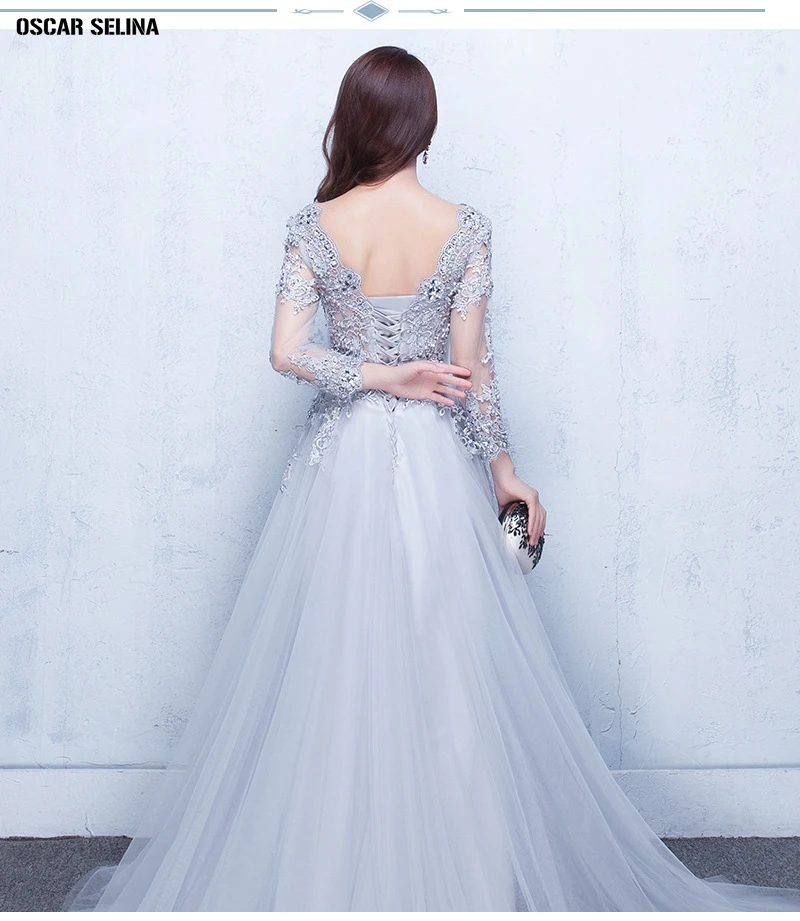 Vestido madrinha2019 новое из кружева с вырезом на шее длинным рукавом A Line серебряное