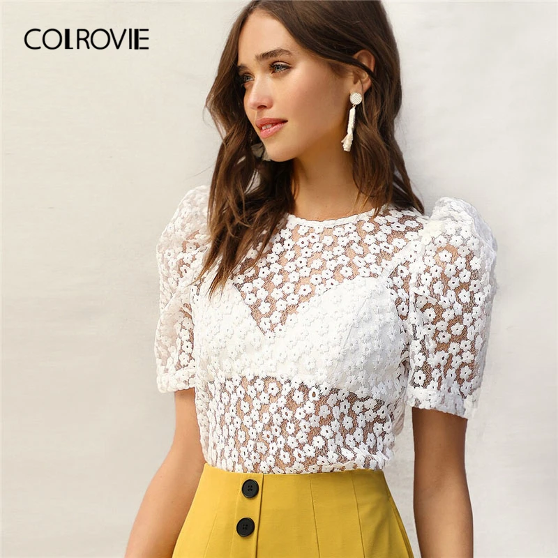

COLROVIE White Puff Sleeve Embroidery Floral Mesh Transparent Sexy Blouse Shirt Women 2019 Summer Tie Back Blouses Without Bra
