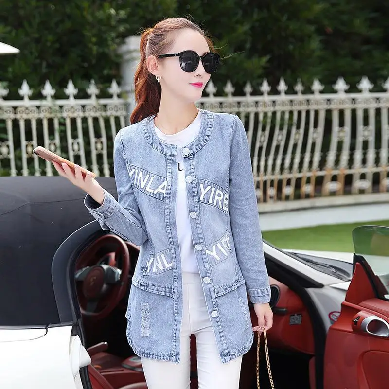 2016 Plus Size 4XL Women Autumn Winter Cotton Hole Denim Jacket woman Letter Print Jeans Slim