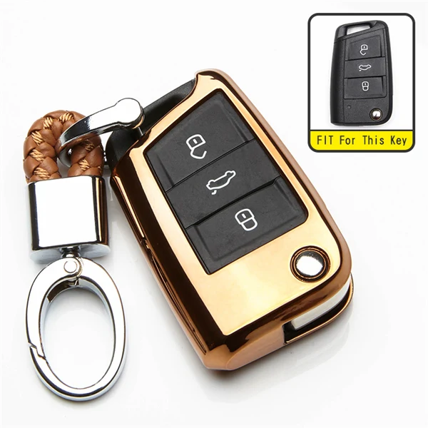 KUKAKEY для Seat Leon ibiza чехол для ключей из ТПУ защитный чехол для Seat Leon ibiza Чехол для автомобильного ключа сумка для дистанционного управления Стайлинг авто аксессуары - Название цвета: Gold With Keyring