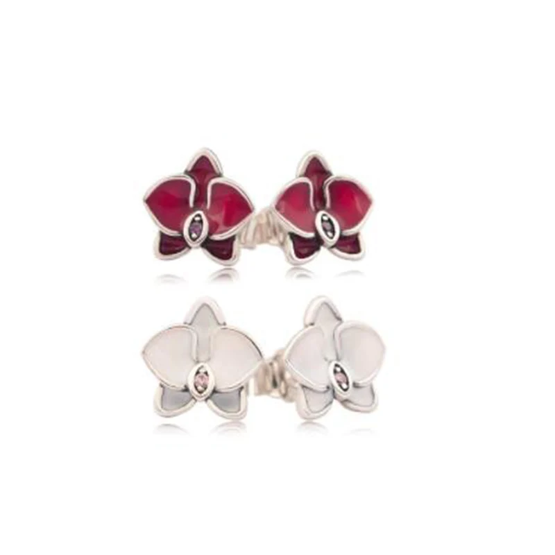 

Promotional 100% 925 Sterling Silver Stud Earrings White & Red Orchid for Original Earrings 2018 Fashion Jewelry
