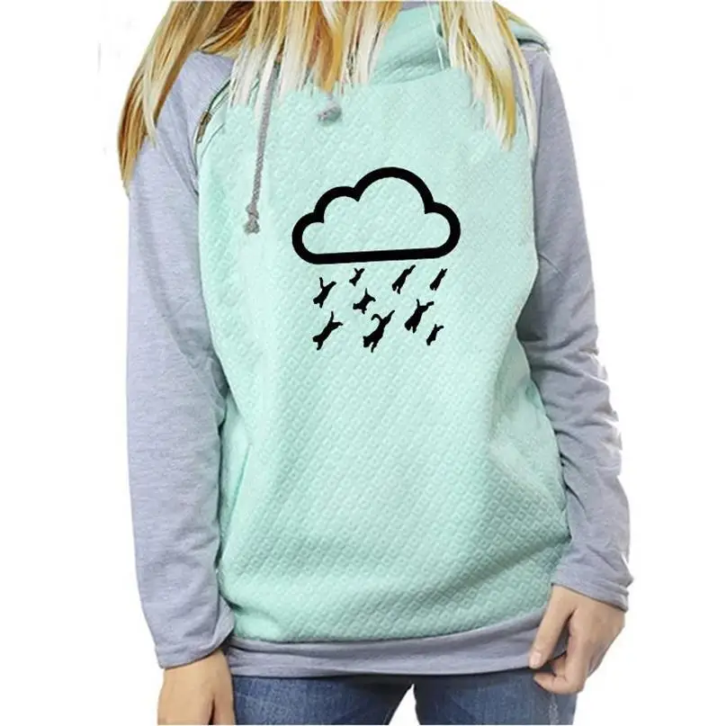 

For Women Zipper Decoration Funny Raining Cats Letters Print Hoodies Tops Kawaii Sweatshirt Femmes Clothings Harajuku Pattern