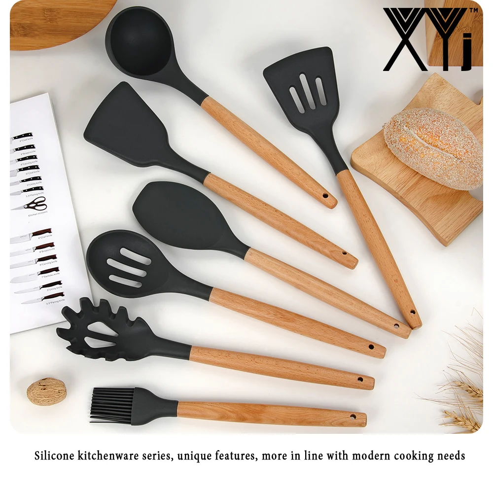 

XYj New Kitchen Utensils Set Silicone Cooking Utensils Natural Acacia Hard Wood Handle Black Kitchen Knife Holder Block Stand