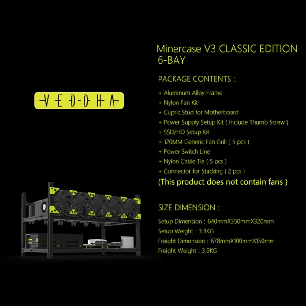New Arrival Veddha V3C6 GPU Mining Rig Aluminum Alloy Stackable Case Up To 6 GPU Open Air Frame Rack Bracket