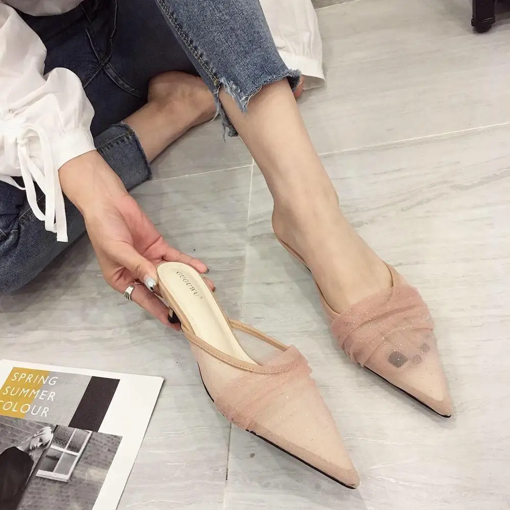 

Boussac Sexy Pointed Toe Kitten Heel Women Mules Luxury Rhinestone High Heels Shoes Women Elegant Lace Ladies Shoes SWB0209