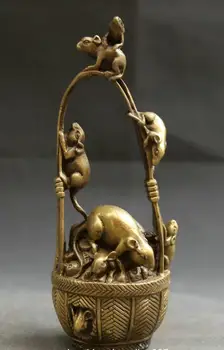 

7.3" China Fengshui Bronze Animal Lucky Mouse Basket Wealth Money Yuanbao Statue