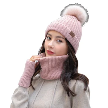 

Winter 3/Set Hat Scarf And Gloves Ladies Warm Cute Pompoms Beanie Infinity Scarves Mitten Women Knit Cap Thick Solid Fashion