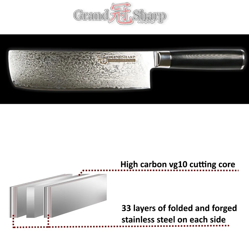  Damascus Cleaver Knife Nakiri 7 Inch Japanese Stainless Steel vg10 Kitchen Chef Slicing Fruit Veget - 32847654177