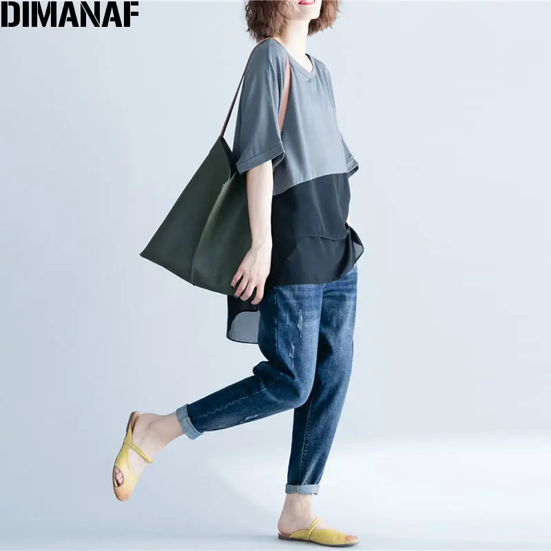 DIMANAF Women T-Shirt Summer Plus Size Chiffon Patchwork Elegant Oversized Irregular Basic Tops Female Casual Loose Tees Shirt
